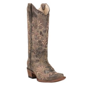 4. Corral Circle G Women's Distressed Chocolate with Tan & Brown Embroidery Snip Toe Western Boots (CBL5133)