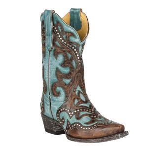 5. Cavender's by Old Gringo Women's Turquoise and Brass Goat with Inlay and Studs Western Snip Toe Boots (CVL141-7)